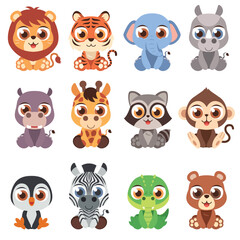 Cartoon Cute World Animals Sit Character Set