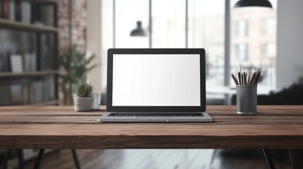 Fototapeta premium Minimalist Workspace with Laptop and Plants