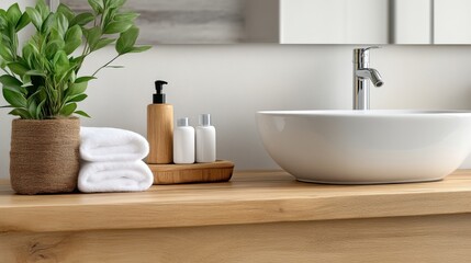 Fototapeta premium Modern Bathroom Design with Wooden Vanity and White Sink