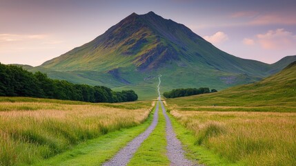 A serene landscape featuring a gravel path leading toward a mountain, surrounded by lush green fields under a soft, colorful sky.