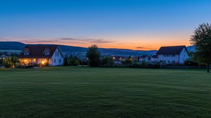 A serene twilight view of houses and a grassy field against a colorful sunset.