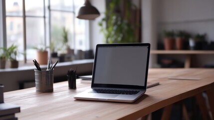 Minimalist Workspace with Laptop on Wooden Desk