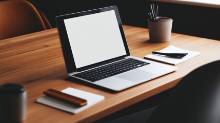 Minimalist Workspace: Laptop on Wooden Desk with Notebook and Pen