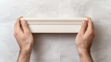 Hands holding a decorative molding piece in a home improvement setting, showcasing craftsmanship and attention to detail.