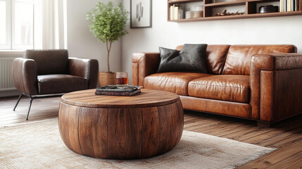 Obraz premium Wooden coffee table in modern living room interior with comfortable seating and natural decor elements, A modern and minimalist living room interior, off-white modular sofa with chaise lounge section.