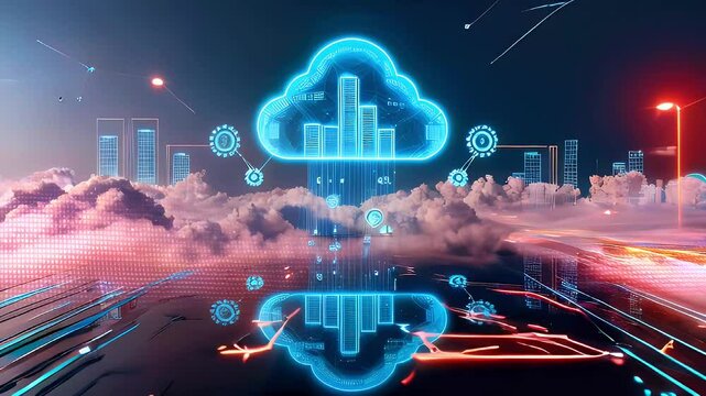 Futuristic cloud computing network with data servers, gears, and abstract city skyline reflecting in a digital landscape.