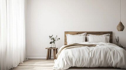 Coastal bedroom with soft seafoam green walls, light wood floors, Comfortable bed with cushions, lamp and different décor on white bedside table in room