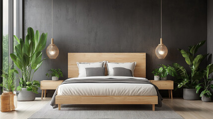 Minimalist bedroom with double bed, mirror on wooden floor, A cozy and minimalist bedroom with a gray and white color scheme. The bed is dressed in light blue and gray bedding,