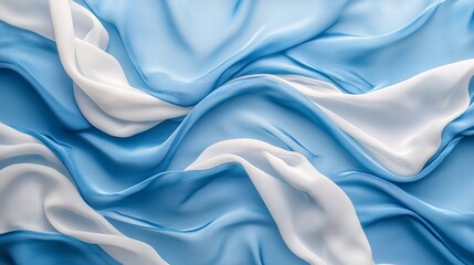 Blue and white satin silk fabric with smooth ripples and luxurious texture