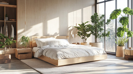 Fototapeta premium A high-resolution of a Contemporary Bedroom Interior, A minimalist white bedroom with a large bed, white bedding,