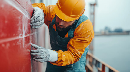 Skilled worker inspecting and repairing a red boat on a dock, wearing safety gear and focused on the task at hand in a marine environment.