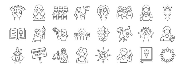Feminist line icon set. Vector pictograms of women rights, empowerment, gender equality, raised fists, protest, feminist book, breaking chain thin linear illustration