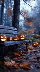 Fototapeta premium Spooky forest sunset with menacing jack-o'-lanterns beside a bench.