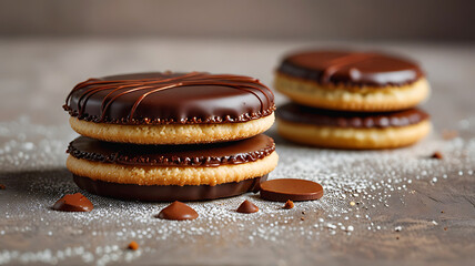 Close-up of Traditional alfajor cookie with chocolate coating