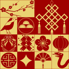 Illustration celebrating the Chinese New Year of the Snake, featuring a minimalist decorative style with traditional Chinese cultural elements layout