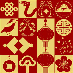 Illustration celebrating the Chinese New Year of the Snake, featuring a minimalist decorative style with traditional Chinese cultural elements layout