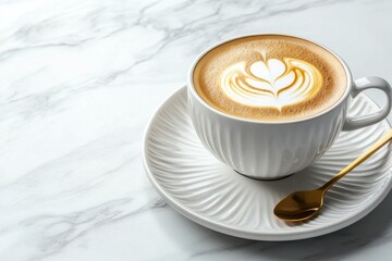 An elegant coffee cup with saucer, filled with cappuccino topped with latte art, placed on a marble countertop with a gold spoon, and ample blank space for commercial text overlay