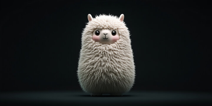 Banner showing adorable fluffy alpaca character with wide eyes standing against dark mysterious background