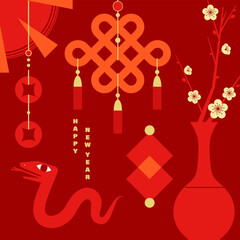 Illustration celebrating the Chinese New Year of the Snake, featuring a minimalist decorative style with traditional Chinese cultural elements layout