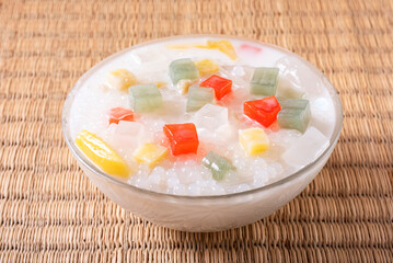 Bubur Cha Cha dessert made from tapioca pearls, sweet potato, taro, tapioca jelly, sugar palm fruit and coconut milk. 