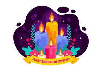 First Sunday of Advent or the Beginning of a New Church Year, Observed on November 27 with a Flat Style Background Vector Illustration