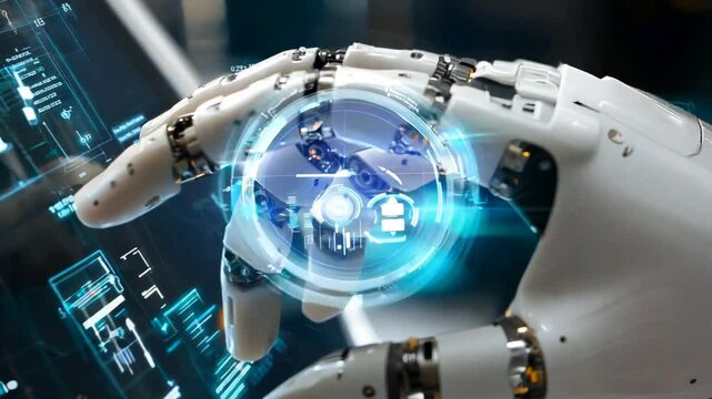 A robotic hand interacts with a digital interface, showcasing advanced technology.