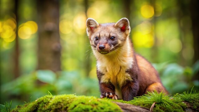 Sick marten with ringworm in the wild forest macro
