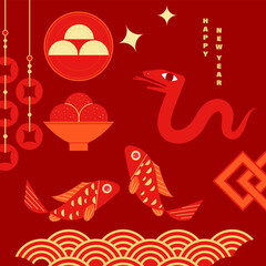 Illustration celebrating the Chinese New Year of the Snake, featuring a minimalist decorative style with traditional Chinese cultural elements layout