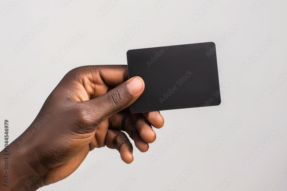 Wall mural Black male hand holding blank credit card on white background.