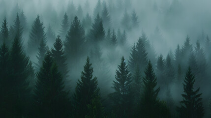 Fototapeta premium A forest with trees covered in fog. The trees are tall and green, and the fog is thick and dense. Scene is calm and peaceful, as the fog creates a serene atmosphere