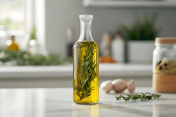 Bottle of olive oil on a modern kitchen counter with herbs, symbolizing healthy cooking and Mediterranean lifestyle