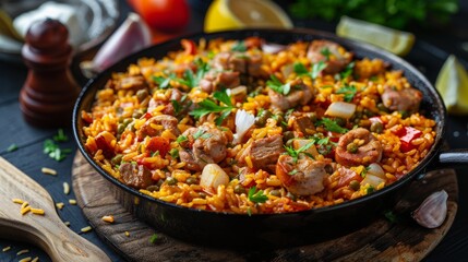 Fototapeta premium Delicious Spanish Paella with Chicken Seafood and Vegetables in Pan