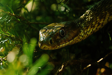 Obraz premium Snake slithering through the underbrush in search of food