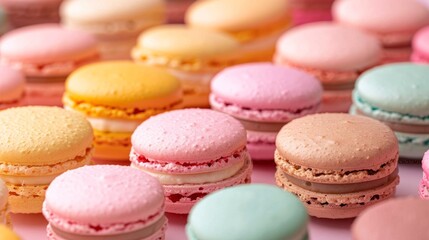Fototapeta premium Colorful Macarons on Pink Background French Pastry Delights