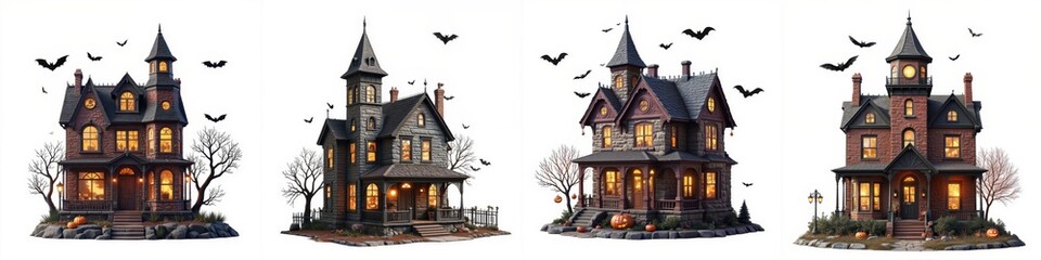 Obraz premium Haunted houses with glowing windows, isolated.