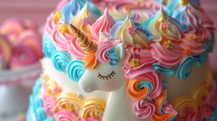 Naklejka premium Rainbow Unicorn Cake with Whipped Cream and Sprinkles