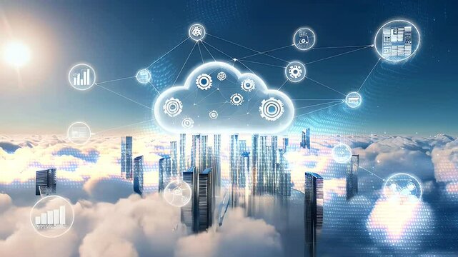 Cloud computing with icons representing digital technology and data management floating above a city skyline in the clouds.