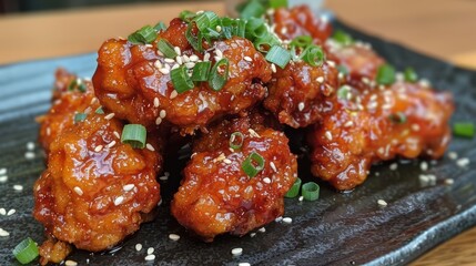 Fototapeta premium Crispy Honey Garlic Chicken Bites with Sesame Seeds and Green Onions