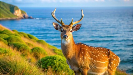 Fototapeta premium Sika deer grazing on the Notsuke Peninsula in Hokkaido, Japan