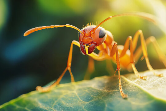 Extreme close-up of an ant walking on a leaf