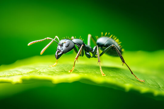 Extreme close-up of an ant walking on a leaf