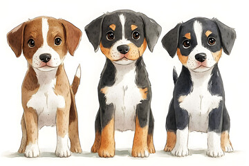 Three adorable puppies sitting side by side, showcasing distinct fur patterns and colors.