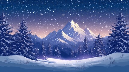 Fototapeta premium Winter Landscape with Snow-Covered Fir Trees and Mountains Under a Clear Starry Night Sky
