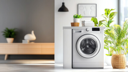 Modern laundry room design featuring a sleek washing machine in an inviting home environment with greenery and natural light