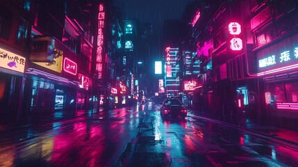 Fototapeta premium Futuristic Cyber City Streets Featuring Rain and Colorful Neon Lights Photo