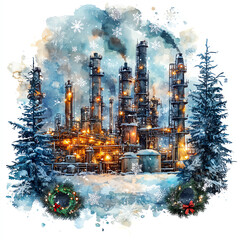 Snowy industrial landscape with a beautifully lit refinery at dusk, surrounded by pine trees and festive holiday decorations.