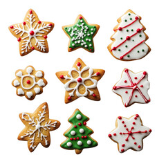 A variety of Christmas cookies placed on a white background, spaced out to ensure each shape and decoration is clearly visible.