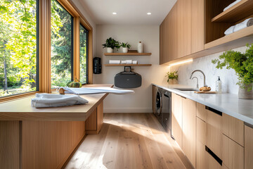 Modern laundry room design with natural light and minimalist aesthetic