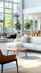 Modern open space living area with natural light and stylish furniture for contemporary lifestyle design