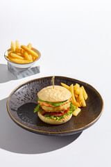 Gourmet Asian Bao Burger and Fries Bright Minimalist Culinary Photography